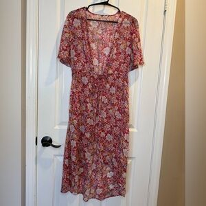 Liberty Love Red and Pink Floral Maxi Tie Front Duster Size S